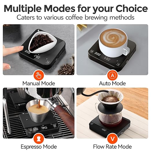 Rechargeable Mini Coffee Scale with Timer, 2kg/0.1g Precision Espresso Scale, Portable Digital Coffee Scale w/ 4 Modes for Espresso and Pour-Over Coffee (Black)