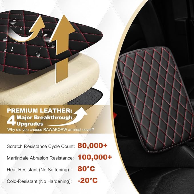 Center Console Cover for Pilot: Armrest Cover for Car with 2 Storage Bags - Scratch & Wear Resistant & Waterproof Leather Console Cover,Anti-Scratch Auto Armrest Pad Accessory （Black&Red