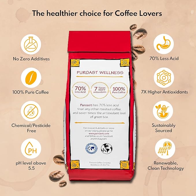 Puroast Low Acid Coffee Flavored Bean | Vanilla Whole Bean | Medium Roast | High Antioxidants & High pH |No Bitter Aftertaste | Reduced Heartburn & GERD | Suitable for Cold Brew - 2.2 LB
