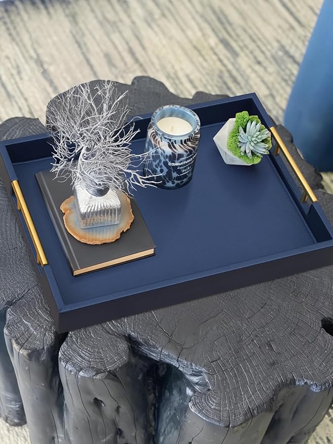 HofferRuffer Faux Leather Serving Tray with Gold Metal Handles, Stylish Decorative Tray Organizer for Coffee Table, Ottoman, Home Decor and Serving (Blue, 16.2" x 12.2" x 2")