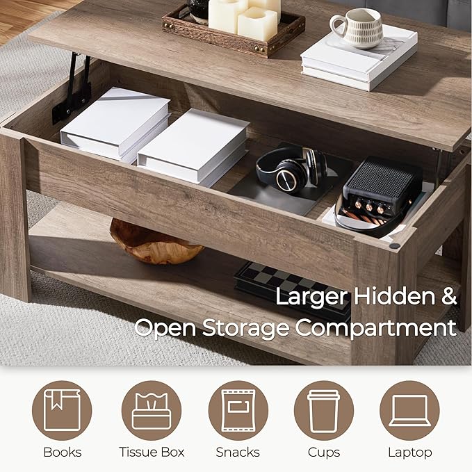 Yaheetech Lift Top Coffee Table with Hidden Compartment and Storage Shelf, Rising Tabletop Dining Table for Living Room Reception Room, 38.6in L, Grey