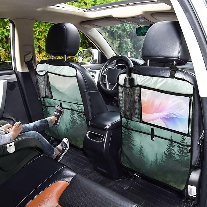 2 Pack Back Seat Car Organizer with Storage Pockets Kick Mats Back Seat Protector Hanging Car Organizer Automotive Seat Back Cover Organizers Green Mountains and Pine Trees