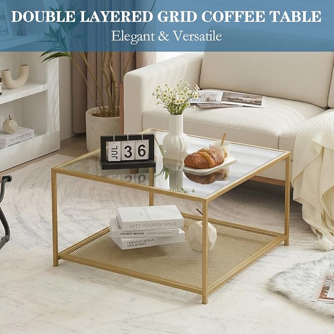 Gold Glass Coffee Table, Square Coffee Tables with Storage Shelf, Simple Tea Cocktail Modern Center Tables for Small Space, Living Room, Easy Assembly, 26 * 26in（Gold）