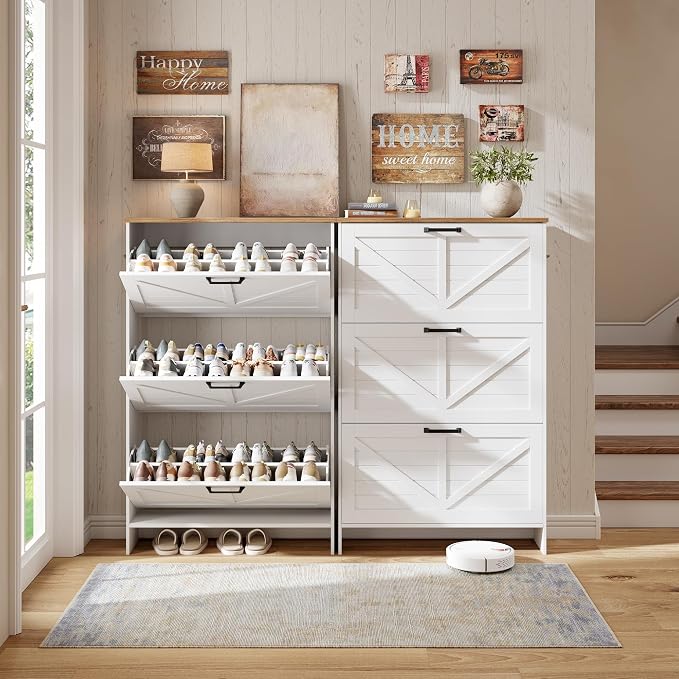 Shoe Storage Cabinet for Entryway, Nicetree Freestanding Shaker Barn Door Ultra Slim Shoe Cabinet With 3 Flip Drawers, Farmhouse Shoe Rack With 3-Tier Adjustable Shelves For Hallway Foyer Rustic-White