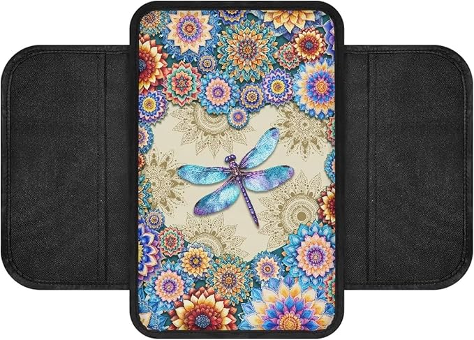 Dreaweet Boho Dragonfly Car Armrest Cover for Women Car Center Console Cushion Pad Easy to Install Car Arm Rest Cover with Pockets Universal Console Covers for Car SUV Trucks Van
