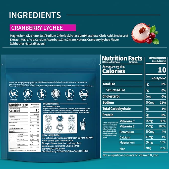 Electrolytes Powder Packets, 30 Sticks Hydration Packet Sugar Free, Electrolyte Drink Mix Travel Electrolyte for Rapid Hydration, Cranberry Lychee