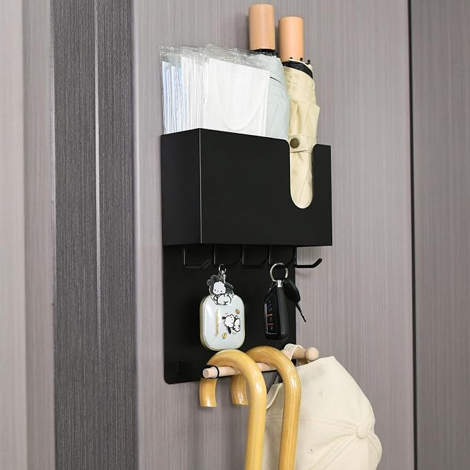 Magnetic Key Holder & Umbrella Holder for Wall, Multi-Functional Entryway Shelf for Tissues. Sturdy Hooks for Keys, Bags. Space Saving Organizer for Apartment, Dorm Room (Black)