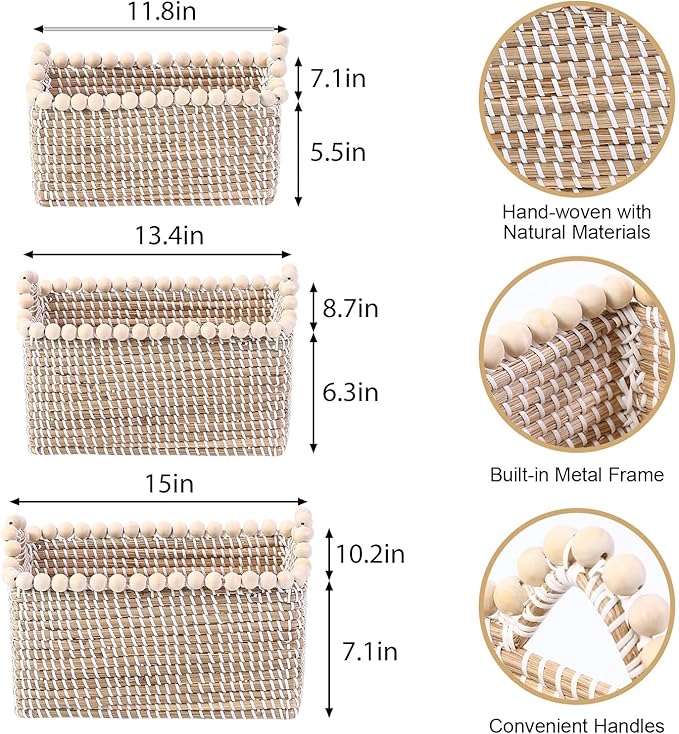 Set of 3 Seagrass Woven Storage Basket with Handles, Natural Wooden Bead Decoration for Blankets Toys Clothes Shoes Organizer, Cube Bins for Shelves Living Room Bedroom Nursery Home Decor
