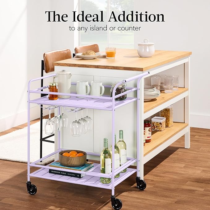 Best Choice Products Rolling Bar Cart, Mobile Home Bar Serving Cart, Serving Station w/ 2 Tier Shelves, Wine Rack, Lockable Wheels - Lavender