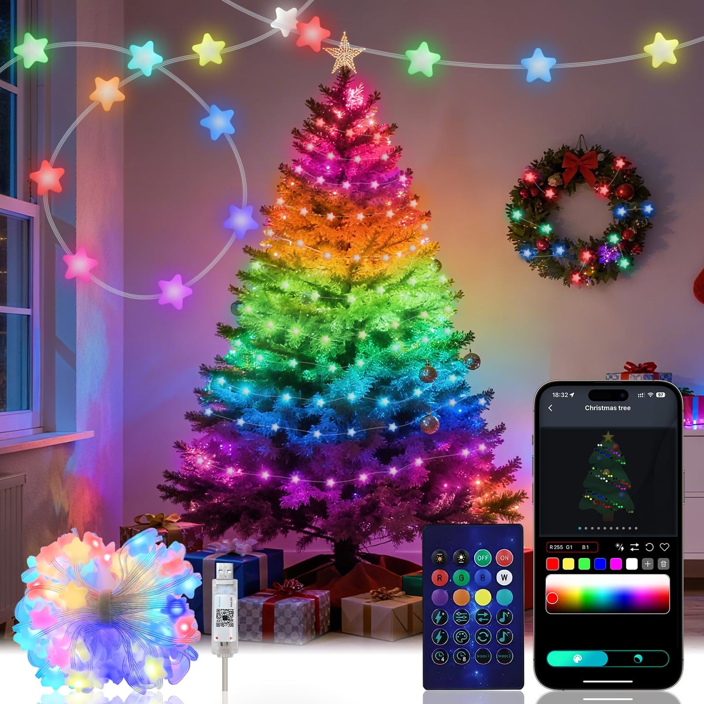 Super RGB Smart Star String Lights, 16.4Ft, 33 LED, Color Changing, Remote & APP Control, White-Star, Model HCL-001
