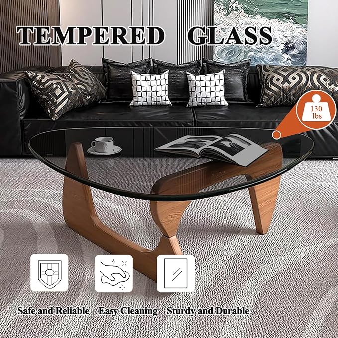 Glass Coffee Table, Mid Century Modern Coffee Table, Coffee Table for Living Room Center Table Suitable for Bedroom Living Room Reception Office Tables (Walnut/Grey, Large)