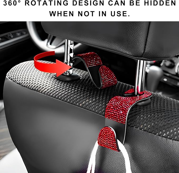 4 PCS Car Seat Headrest Hooks, Bling Crystal Rhinestone Back Seat Hanger Storage Organizer, Sparkly Seatback Holder Hooks for Purse and Bags Universal For Most Vehicles (Red)