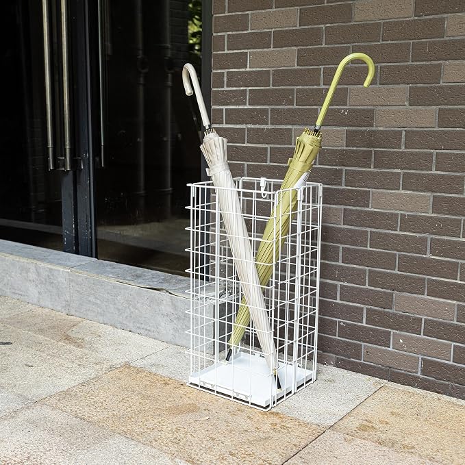 Umbrella Stand, Umbrella Holder for Entryway, Large Metal Foldable Umbrella Rack Organizer Freestanding, with Water Tray and Hooks, Rectangular Hollow Rack 9.5 x 9.5 x 19.7 Inches (White)
