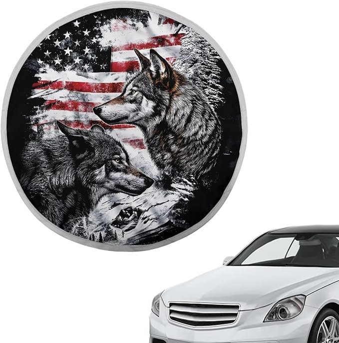 Vintage American Flag Wolf Pattern Car Steering Wheel Sun Shade Cover Universal Steering Wheel Sun Heat Shield Steering Wheel UV Reflector Shade Cover for Truck Car SUV Van