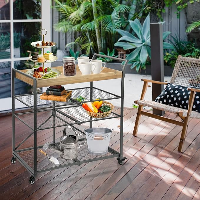 Vipush Kitchen Serving Cart, 4-Tier Kitchen Utility Cart on Wheels with Storage for Living Room, Wood Look Accent Furniture with Metal