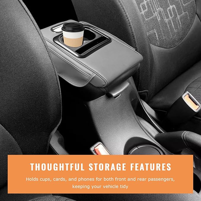 Car Center Console Armrest Pillow, 5-in-1 Armrest Cushion w/ 2 Side Bags, Tissue Box Slot, Cup & Phone Holder, Multifunctional Leather Auto Arm Rest Cover Storage Organizer (Gray, Normal)