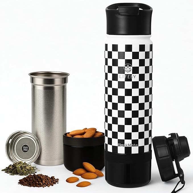 Cold Brew & Tea Infuser Bottle – 18oz Travel Water Bottle with Storage, Dual Lids & Coffee Filter – Fruit Water & Coffee Maker – FLASKMATE All-in-One System (Classic Chess)