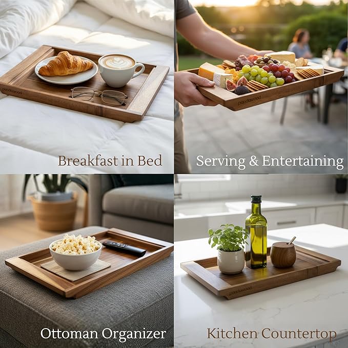 Wood Serving Tray with Handles - Large Acacia Wooden Tray for Coffee Table Ottoman Kitchen Counter - Decorative Food Tray Serving Platter - Rectangle Dinner Tray 15.7"x11"