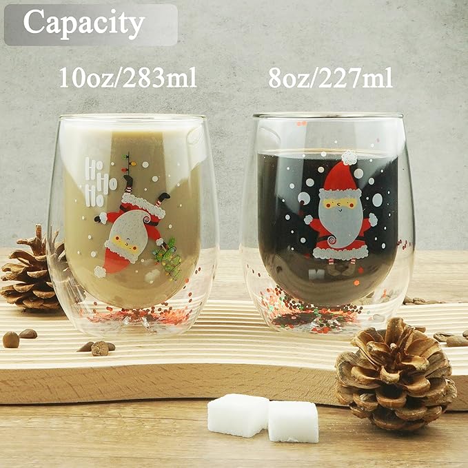 Christmas Mugs, 8 oz Double Wall Insulated Glass Coffee Mugs Set of 4, Cute Funny Mugs Coffee Cups for Cappuccino, Latte, Americano, Tea, Wine and Beverage