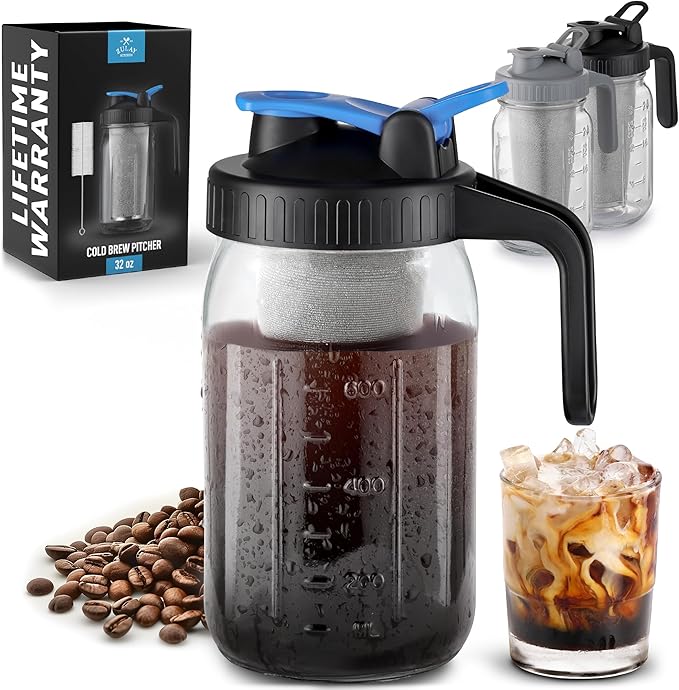 Zulay Premium Cold Brew Coffee Maker - 32oz Mason Jar With Leak-Proof Lid & Extra-Thick Glass - Fine-Mesh Stainless Steel Filter For Smooth Cold Brew & Iced Tea - Blue