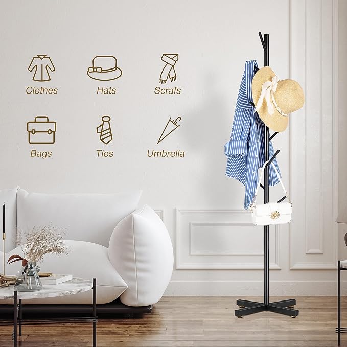 ZOZOE Modern Metal Coat Rack Stand, Coat Rack Freestanding with 8 Hooks, Coat Racks Easy to Assemble, Black Coat Hall Tree Hanger Stand for Jacket, Bag, Hat, Entryway