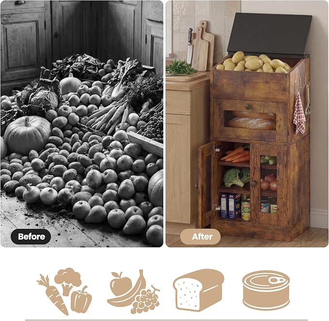 Potato and Onion Storage Bin with Lid, Large Potato Bin with Drawer, Multi-Compartment Wooden Fruit & Vegetable Cabinet with Mesh Doors, Rustic Kitchen Organizer for Pantry (16.9")
