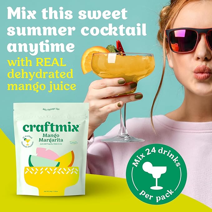 Craftmix Mango Margarita Cocktail & Mocktail Drink Mixer, Skinny Mixes - Water Flavoring Packets - Made With Real Fruit - Vegan, Low-Carb, Low-Sugar, Non-GMO, Dairy Free, Gluten Free, 24 Pack