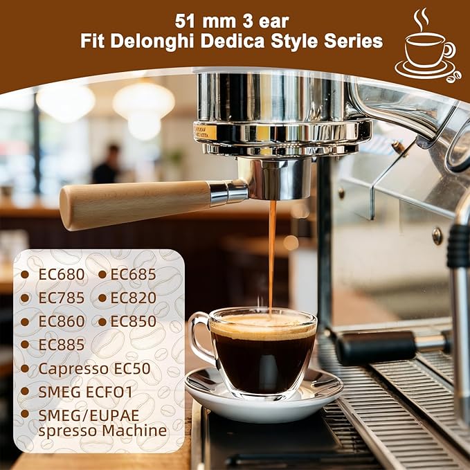 NKU 51mm Bottomless Portafilter 3 Ears with Puck Screen & Filter Basket, Natural Wood Handle, Fits CASABREWS CM5418 & 3700 Series Espresso Machines