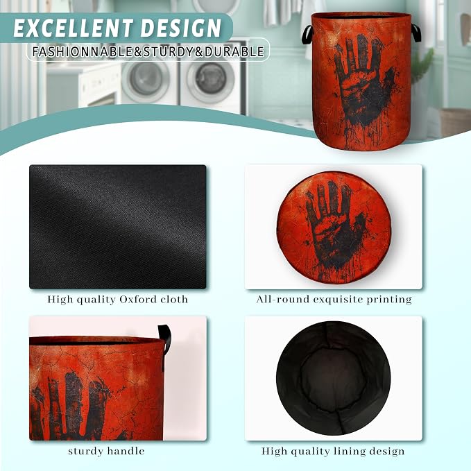 Blood Laundry Basket Foldable Blood Spatter Hand Print Laundry Hamper Oxford Cloth Funny Tote Bag Clothes Toy Storage Bucket For Bathroom/Laundry Storage/Bedroom 18.9 x 16.5 Inch