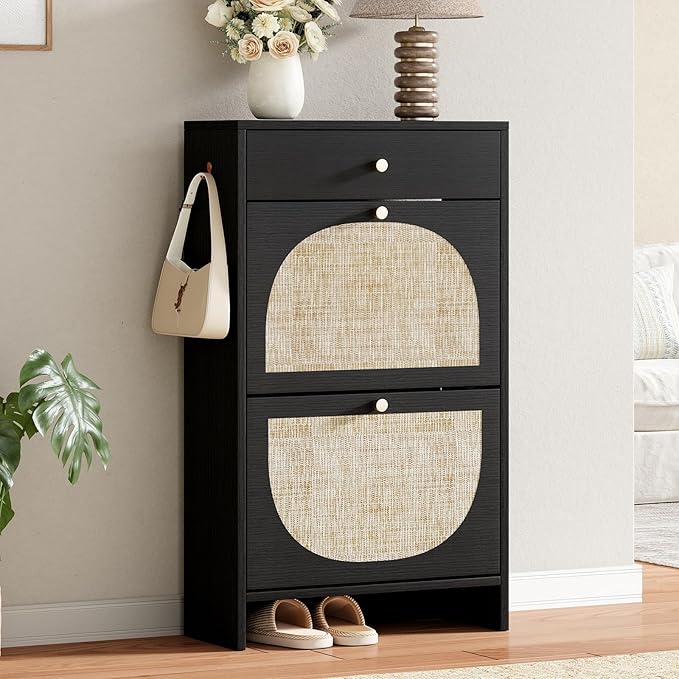 Nicetree Shoe Cabinet for Entryway, Slim Shoe Rack with 2 Flip Drawers and Top Storage Drawer, Narrow Shoe Organizer with Printed Rattan-Look Design, Entryway Shoe Storage for Size 12 Shoes, Black
