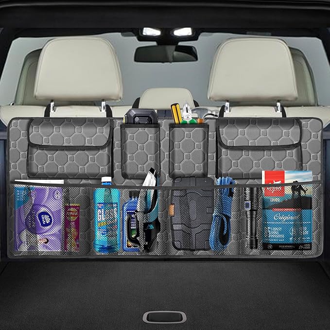 Car Trunk Organizer, Super Capacity Backseat Car Organizer for SUV/Truck/MPV(42"*18"), Hanging Car Storage Organizer with 8 Pocekts, Car Accessories for Women and Men- Grey