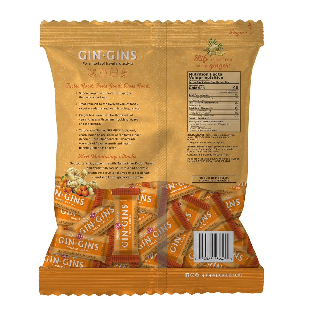 GIN GINS Mandarin Orange Ginger Chews – Natural Fresh Ginger Candy by The Ginger People – Individually Wrapped Healthy Candy – Mandarin Orange Flavor – Large 1 lb Bag (16oz) – Pack of 1