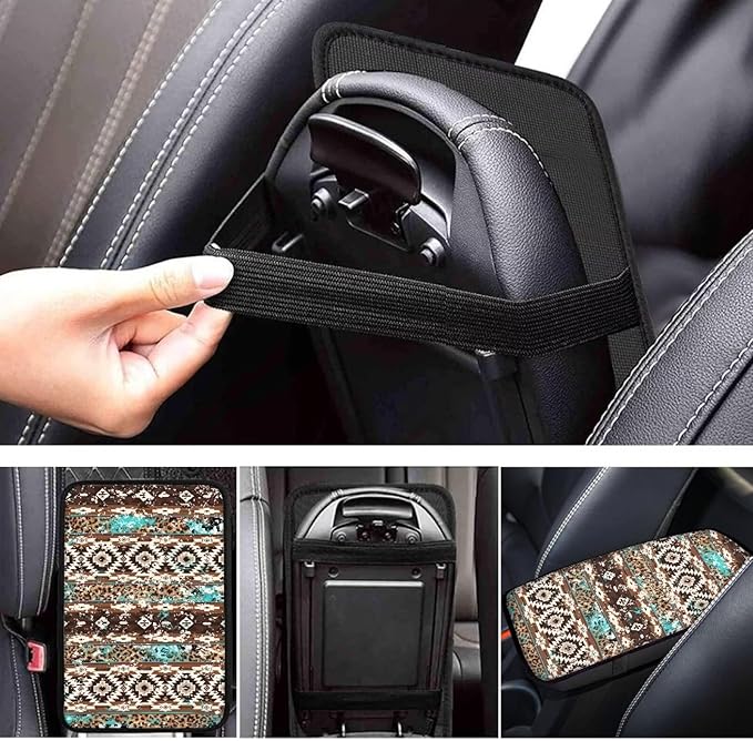 Brown Aztec Print Armrest Cover Pad for Car Soft Breathable Car Center Console Cushion Pad Dustproof Automotive Accessories Protect from Pet Claws, Sticky Fingers