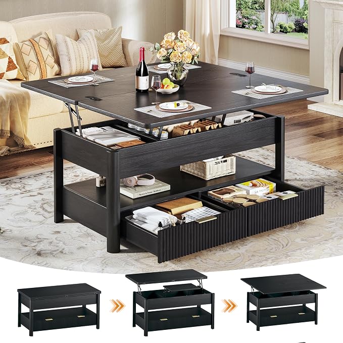 HUAHUU 40" Lift Top Coffee Table with Storage, 4 in 1 Square Coffee Table with Hidden Compartment & Open Shelf & 2 Drawers, Modern Coffee Tables with Lifting Top for Living Room, Home, Office, Black