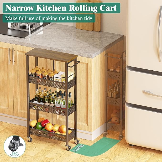 Giwil Slim Rolling Storage Cart 4 Tier Bathroom Organizer Mobile Shelving Unit Utility Cart with Wood Top and Handle for Kitchen Laundry Narrow Places, Black