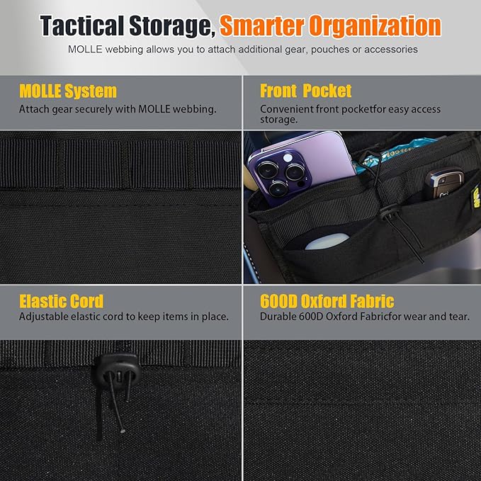 Seat Back Storage Bag for Ford Bronco 2021-2025, MOLLE Tactical Organizer for 2-Door & 4-Door (Not Sport), Armrest Storage Pouch, 600D Oxford, No Drill Easy Install, Off-Road Gear Holder Black
