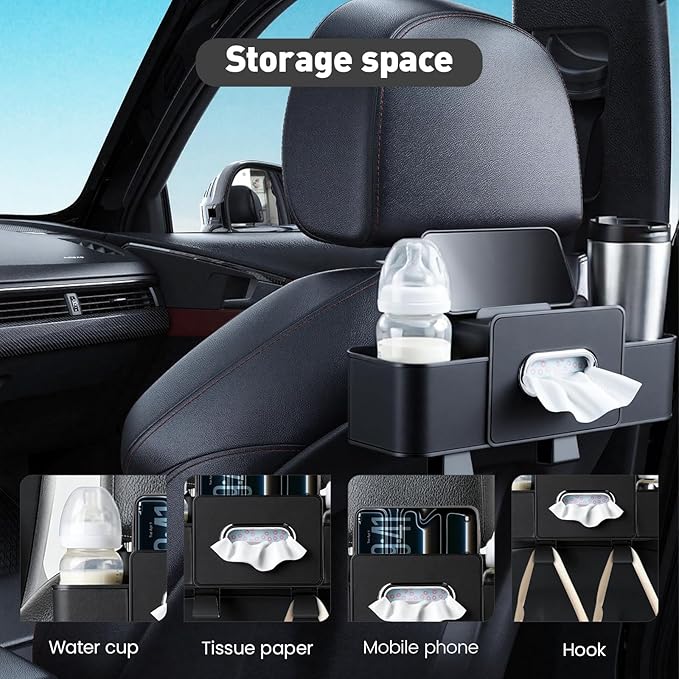 2 Pack Back Seat Car Organizer, Multifunctional Car Organizer Seat Back, with Tissue Box Holder, 2 Cup Holders & 2 Cup Hooks for Phone, Drinks, Toy, Snacks for Keeping Cars Tidy, Fits Most Vehicles