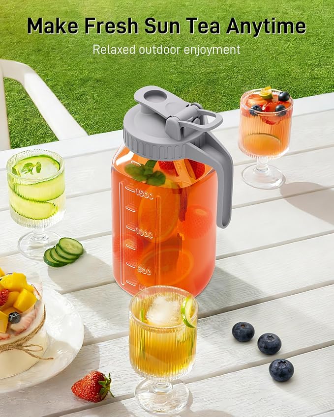OneDream 2 Pack Glass Pitcher with Lid, 64 oz Sun Tea Glass Jar for Outside, Large Mason Jar Wide Mouth, Iced Tea Pitcher for Cold Beverages, Breast Milk