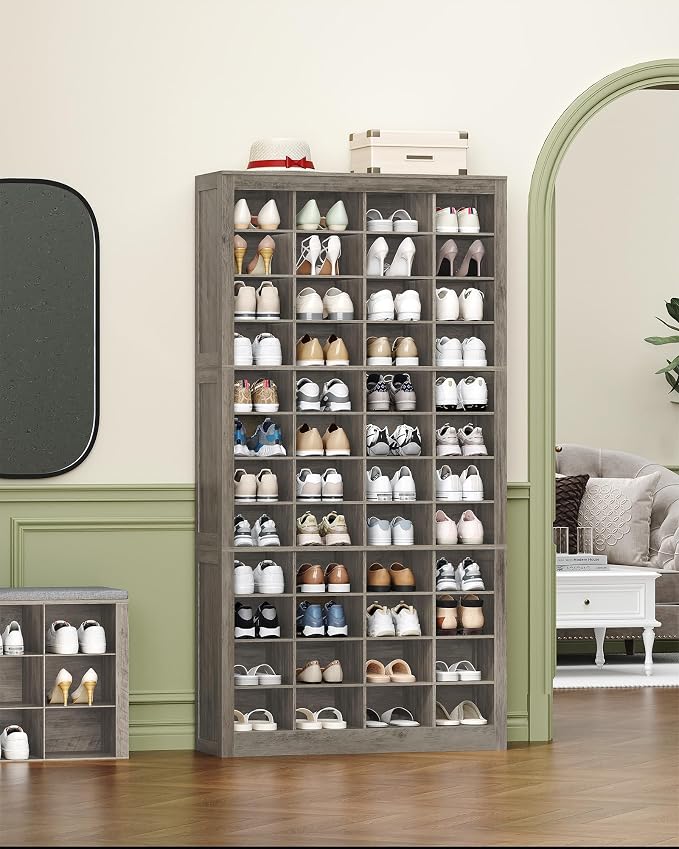 Hzuaneri Shoe Storage Cabinet, 48 Pairs Free Standing Closet Organizer, 9 inch Widened Cell Wood Shoe Organizer, 12 Tiers Vertical Space Saving Shoe Rack for Entryway, Cloakroom, Greige SR39605X
