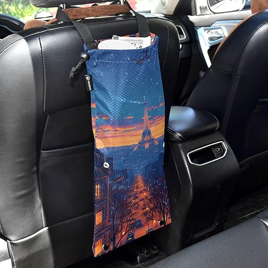 ALAZA Hanging Car Trash Bags Garbage Bag Trash Can for Back Seat Small Eiffel Tower Night Washable Storage Bag Retractable 2 Pack