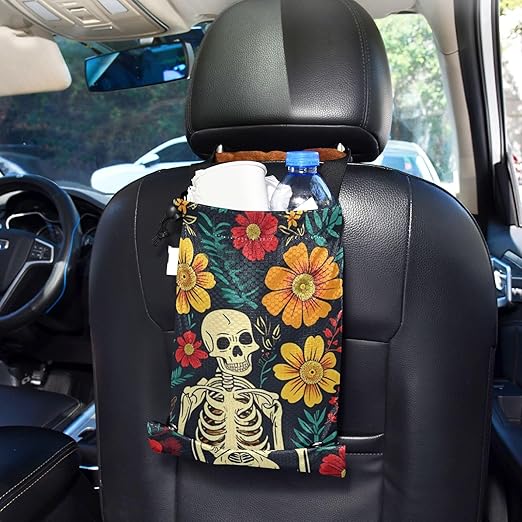 ALAZA Hanging Car Trash Bags Garbage Bag Trash Can for Back Seat Small Skeleton and Flower Washable Storage Bag Retractable 2 Pack