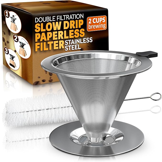 Pour Over Coffee Dripper - 3.18x4.48" Stainless Steel Pour Over Coffee Maker with Large Plastic Handle, Wide Secure Base and a Brush for Cleaning - Ensures Well-Balanced and Reach Tea Infuser