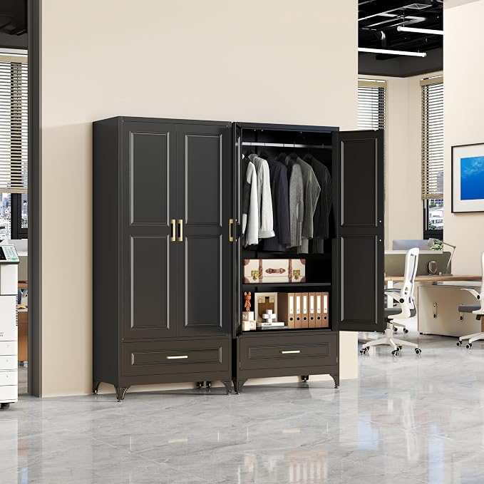 SteeLoong 71" Metal Armoire Wardrobe Closet with Drawer,Tall Clothing Storage Cabinet with Adjustable Shelves and Hanging Rod,Black Wardrobe Closet for Bedroom,Home,Office,Gym
