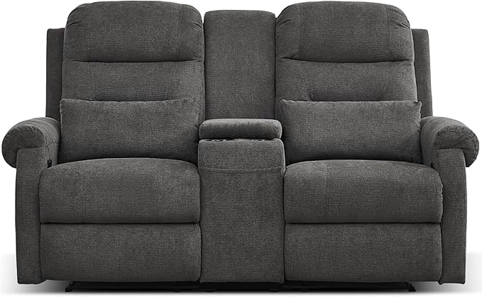 DRMBOOK RV Loveseat Recliner Sofa with Console, Flax Velvet Double Wall Hugger Reclining Couch Manual Home Movie Seating 2 Person Recliner Chair with Cup Holders/Storage/Pocket/Lumbar Pillow, Grey