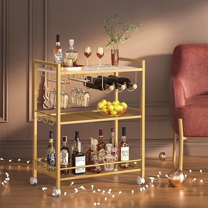 Bar Cart, Home Bar Serving Cart with 3-Tier Shelf,Microwave Cart with Lockable Wheels,Mobile Kitchen Shelf,Rolling Beverage Cart with Wine Rack and Glass Holder for Kitchen,Dinning Room,Gold