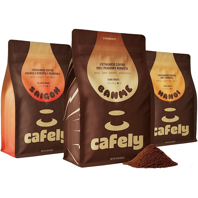 Cafely Vietnamese Awakening Coffee Trio - Ground Coffee Variety Pack (BanMe Peaberry, Hanoi Robusta, Saigon Blend) - Dark Roast, High Caffeine, Low Acid, Direct Trade, For French Press - 3x12oz