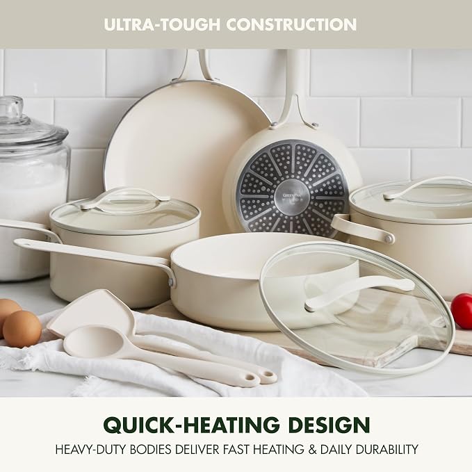 GreenPan Nova 10-Piece Nonstick Cookware Set, PFAS-Free Ceramic Pots & Pans with Silicone Cooking Utensils, Durable Fast Heating, Induction Ready, Oven Safe to 600°F, Dishwasher Safe, Cream White