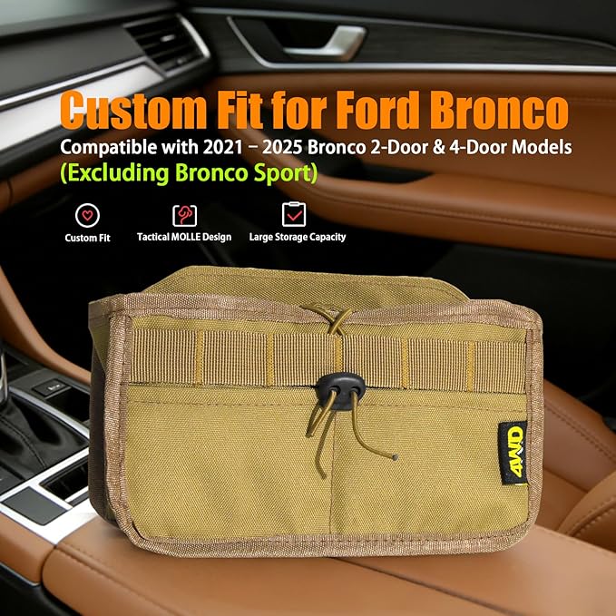 Seat Back Storage Bag for Ford Bronco 2021-2025, MOLLE Tactical Organizer for 2-Door & 4-Door (Not Sport), Armrest Storage Pouch, 600D Oxford, No Drill Easy Install, Off-Road Gear Holder Brown