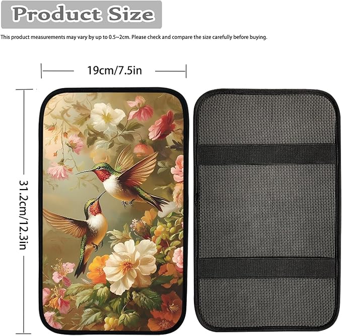 Hummingbird Peony Print Car Center Console Cover,Auto Armrest Box Pad,Soft Auto Arm Rest Cover for Most Vehicle SUV Truck Car