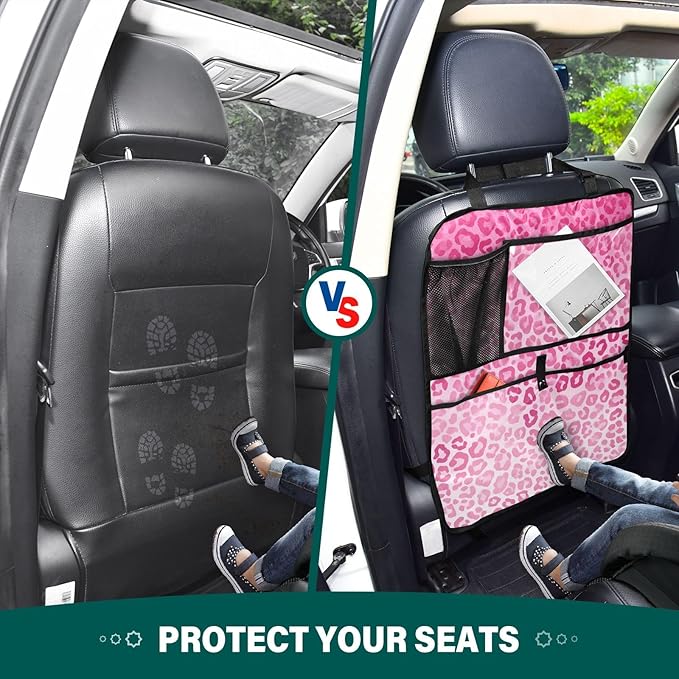 2 Pack Back Seat Car Organizer with Storage Pockets Kick Mats Back Seat Protector Hanging Car Organizer Automotive Seat Back Cover Organizers Gradient Pink Leopard Print